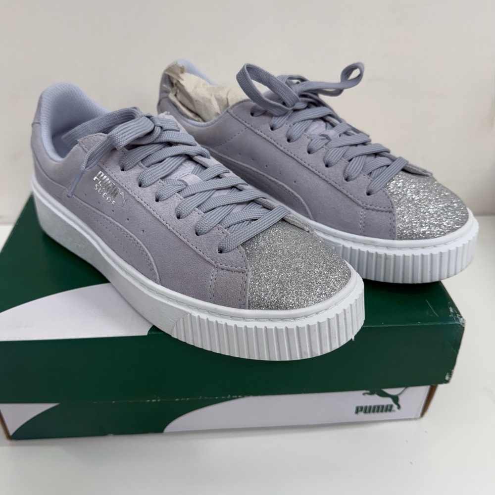 NWT PUMA Suede Platform Glam Jr Silver and Icelandic Blue Sneakers Size 5.5C